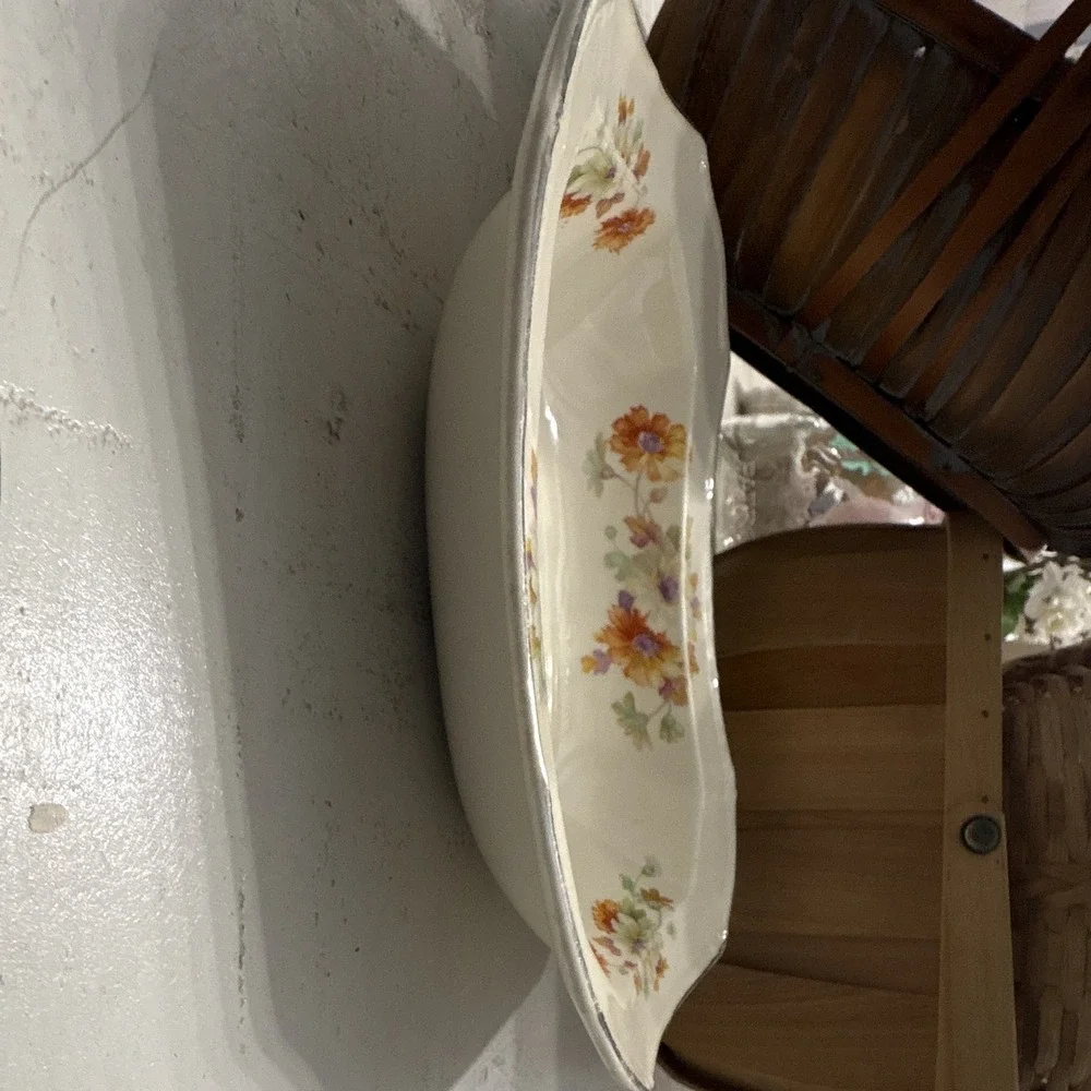 T & S Floral Octagonal Ceramic Serving Bowl, Cream Orange Purple Green Glossy